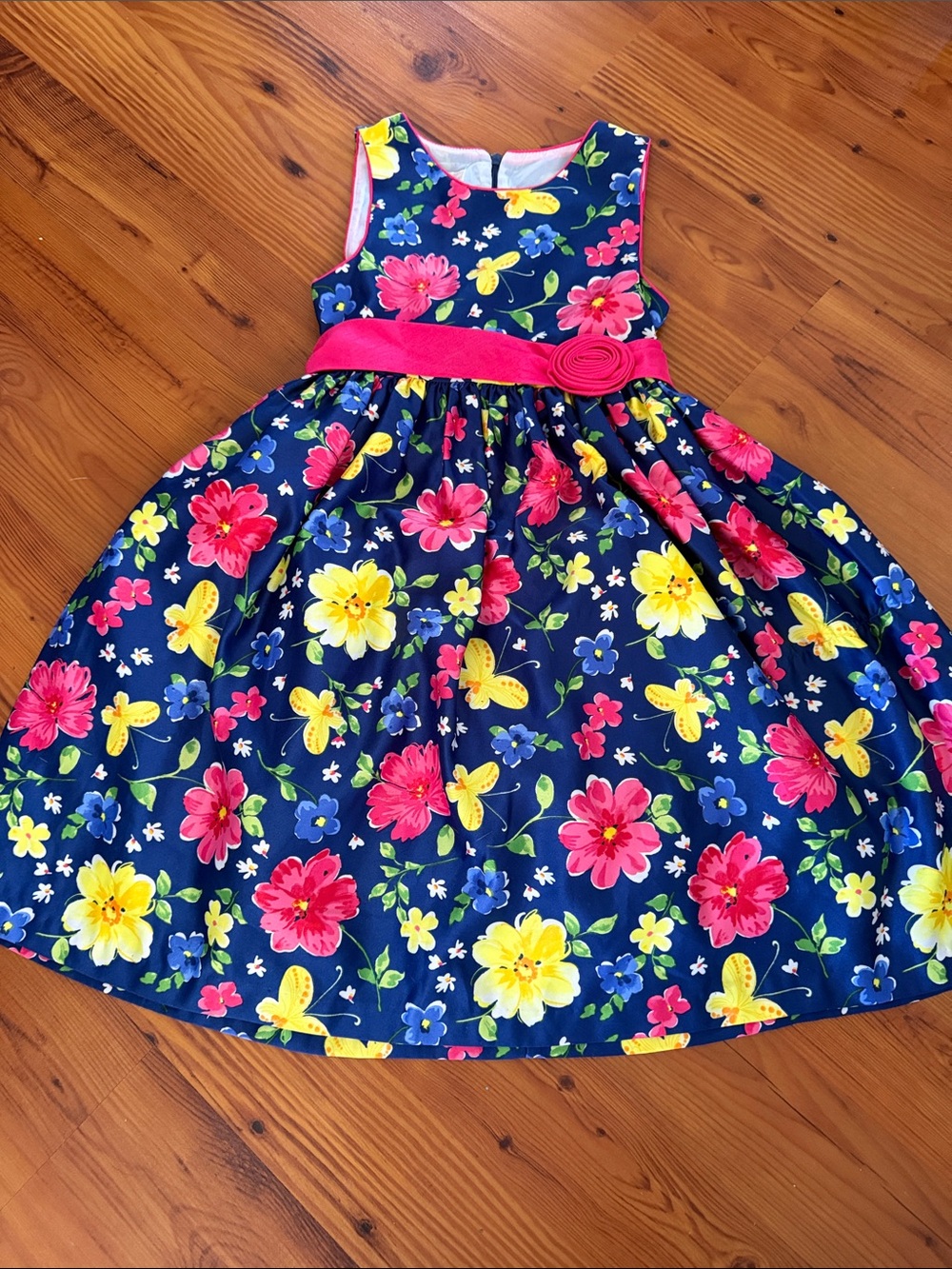 American Princess Navy Floral Party Dress with Pink Sash